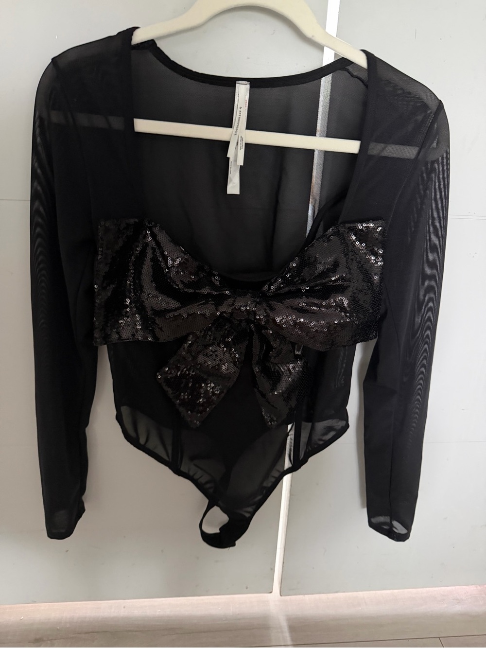 By Anthro Black Sequin Bow Mesh Long-Sleeve Bodysuit
